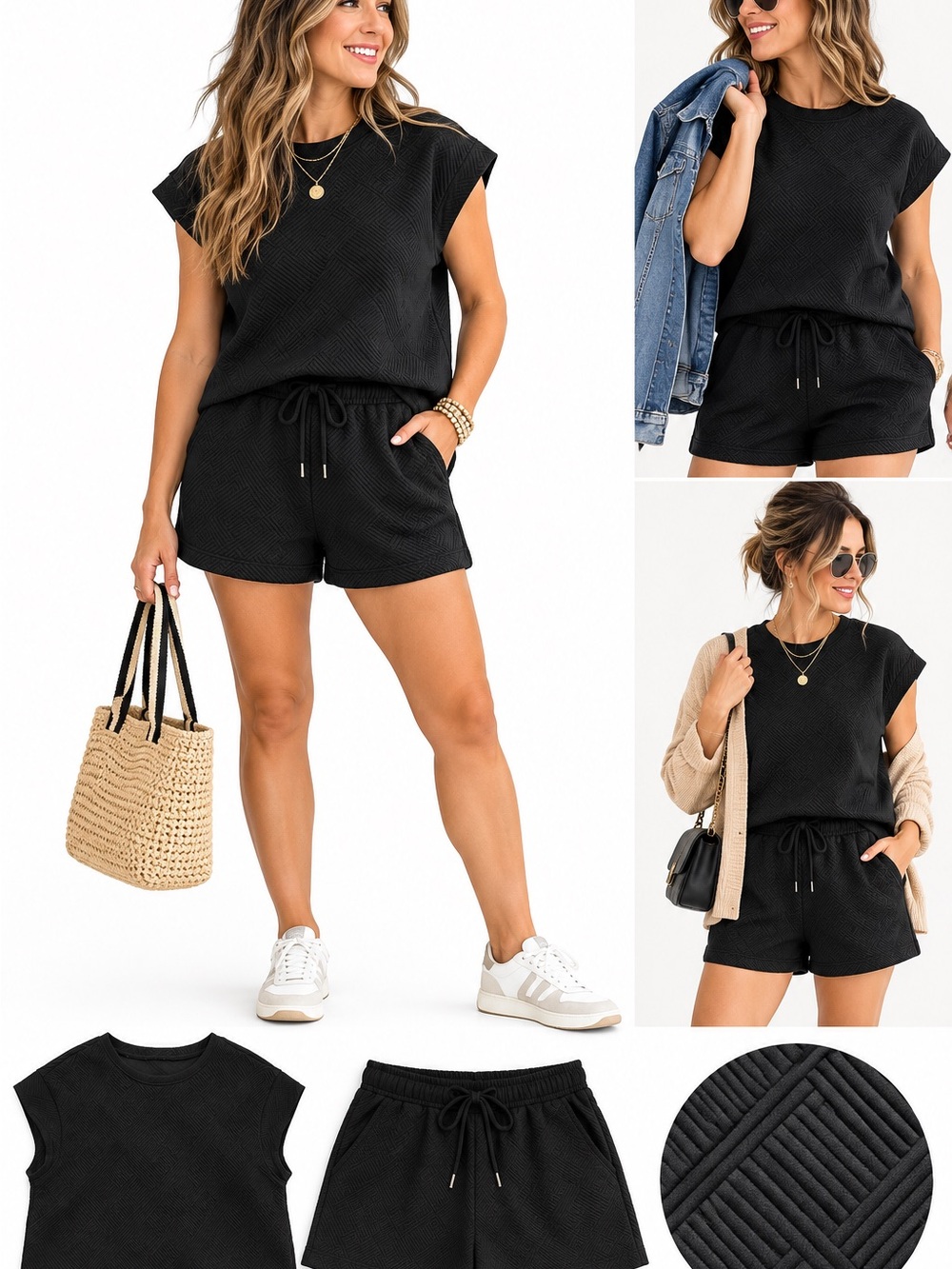 Amazon Black Athletic Lounge Shorts Set - Short Sleeve Top & Drawstring Shorts